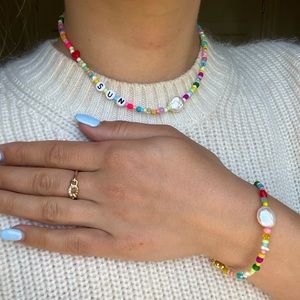 Sun necklace bracelet set -rainbow bead gold pearl